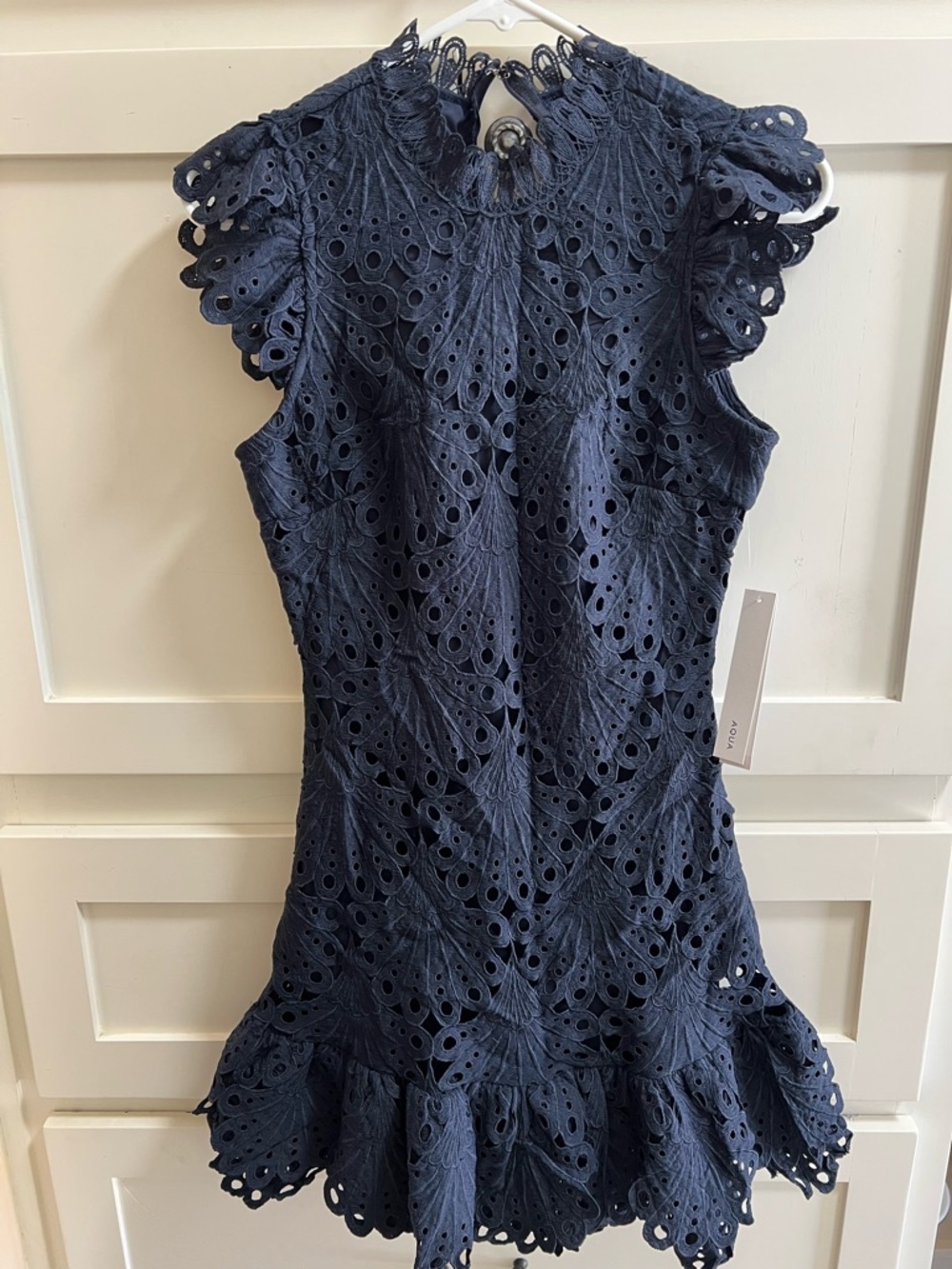 Bloomingdale’s Aqua Navy Eyelet Lace Ruffle Hem Dress